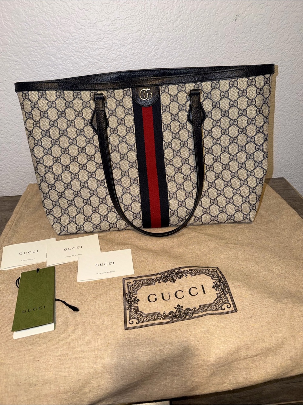 Gucci Beige GG Supreme Canvas Tote with Navy and Red Stripe